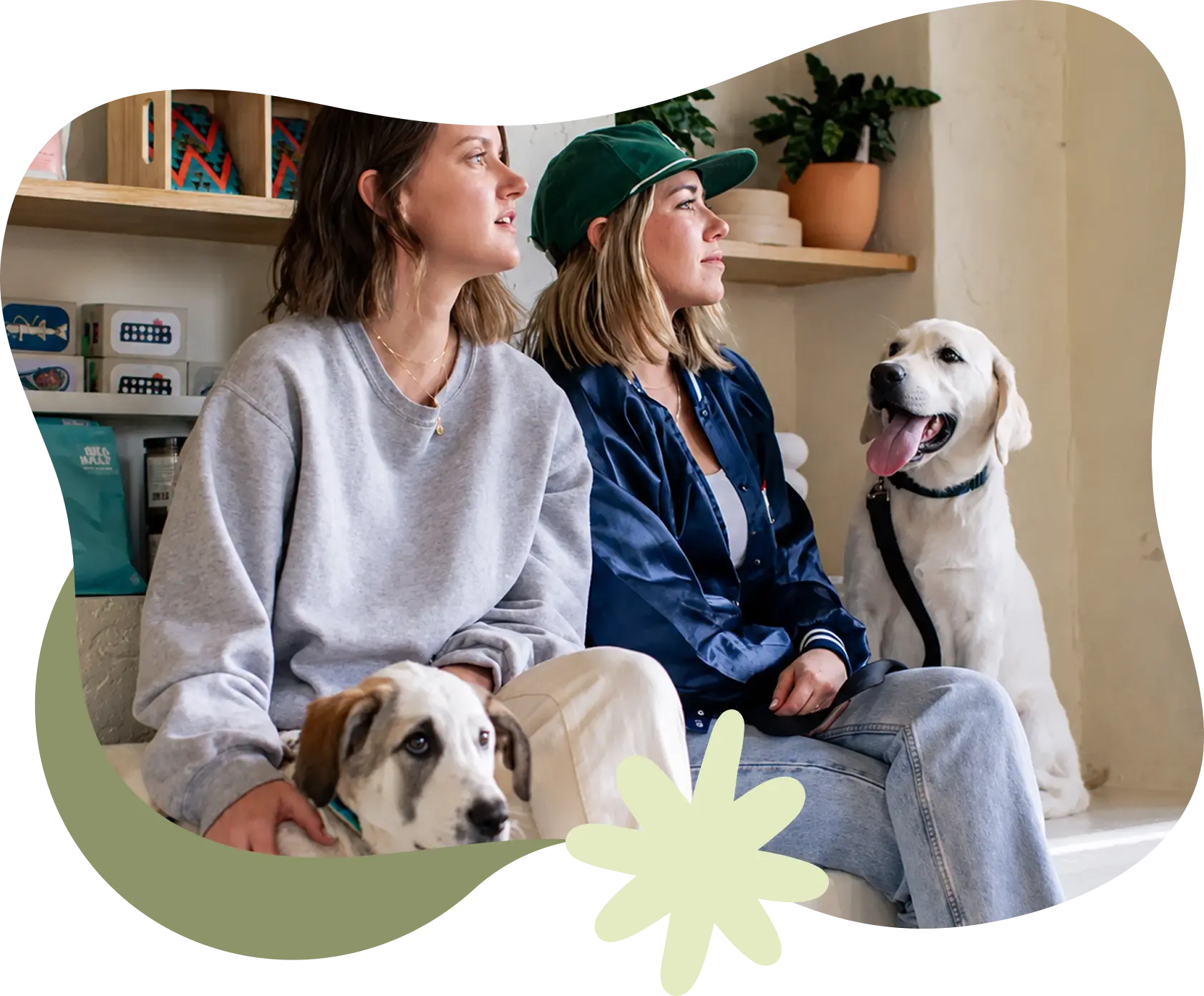 two women sitting with their dogs inside a store dressed casually green hat 2x