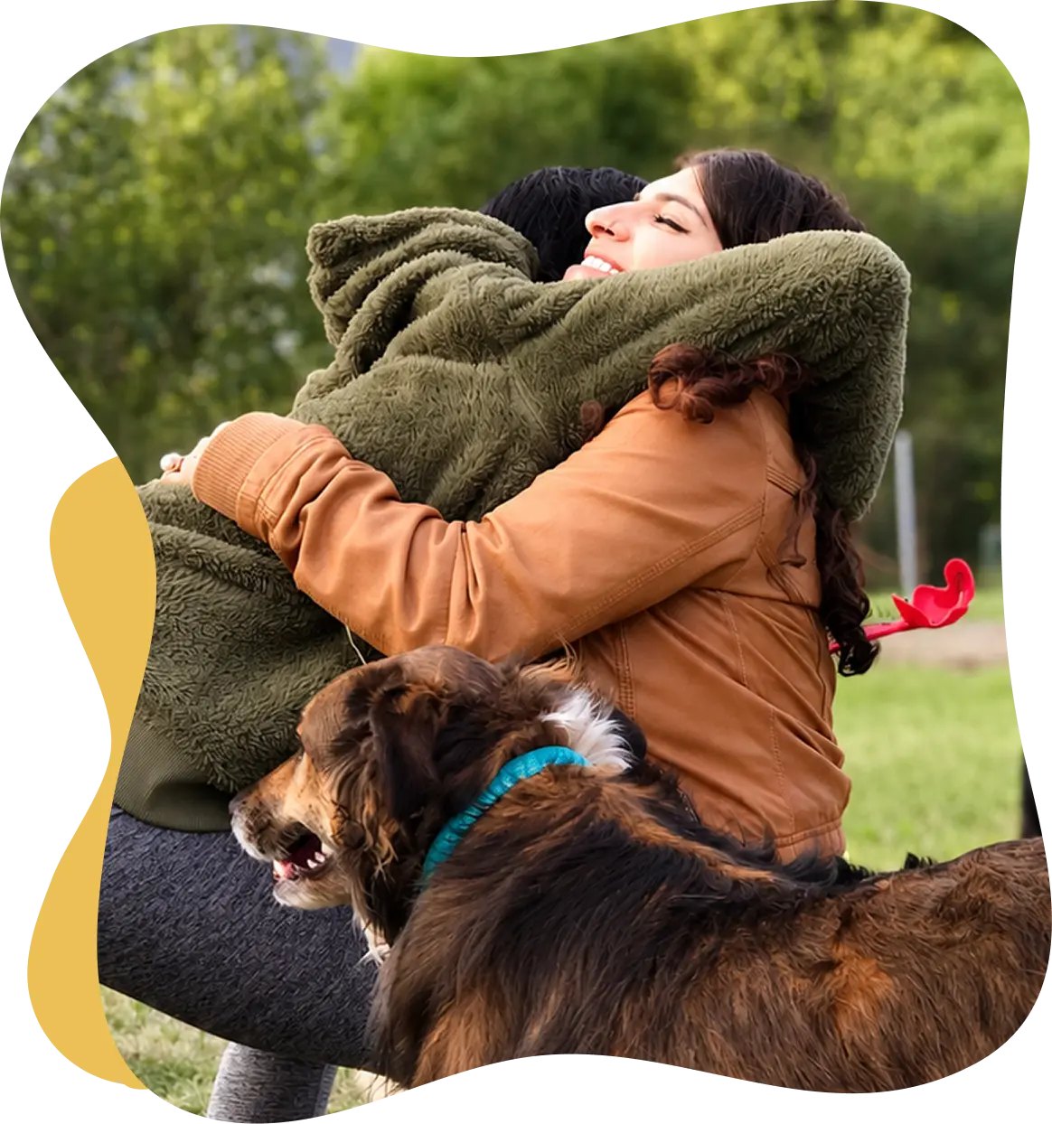 women friends meeting with their dogs at a dog park in the fall full curvy